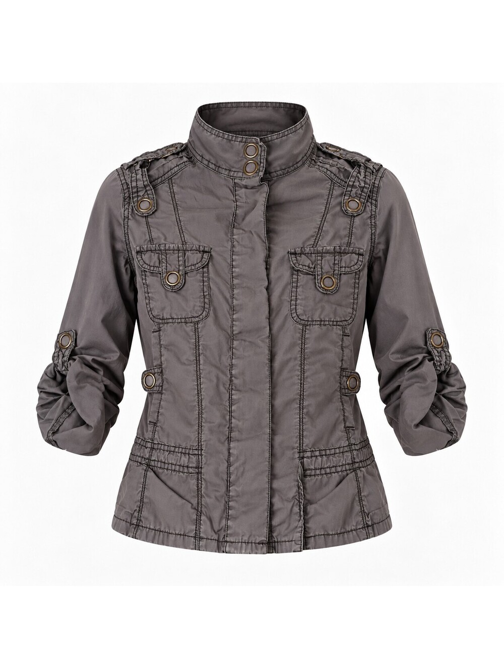 Vintage Y2K 100% Cotton Gray Jacket High Collar Military Style Size S Roll Tab
